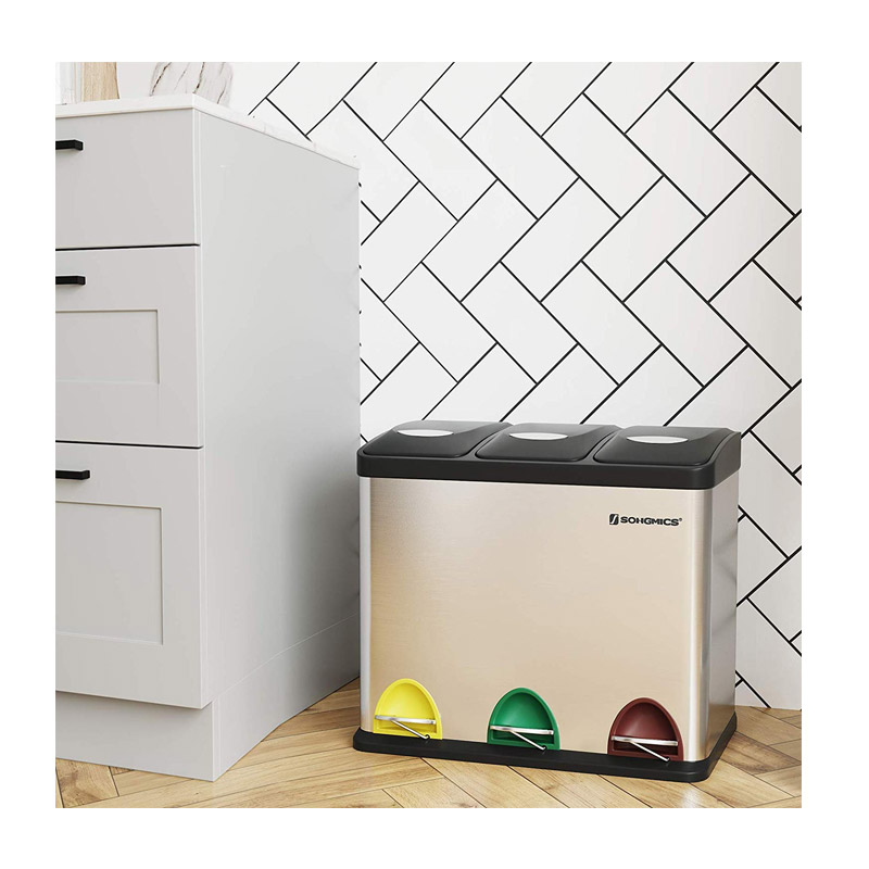Stainless Steel Triple Metal Waste Bin with 3 Pedals 24 Lt Songmics (LTB24L) (SNGLTB24L)