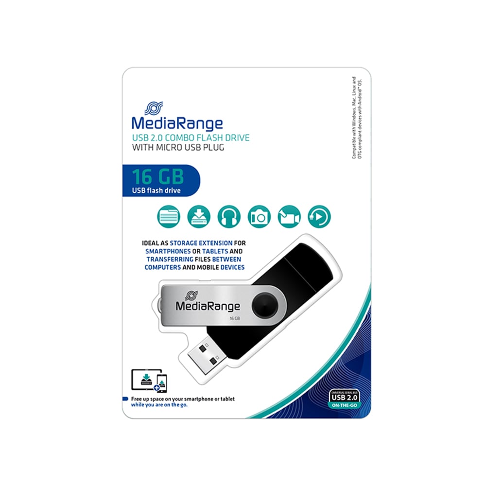 MediaRange USB Combo Flash Drive with Micro USB (OTG) Plug, 16GB (MR931-2)