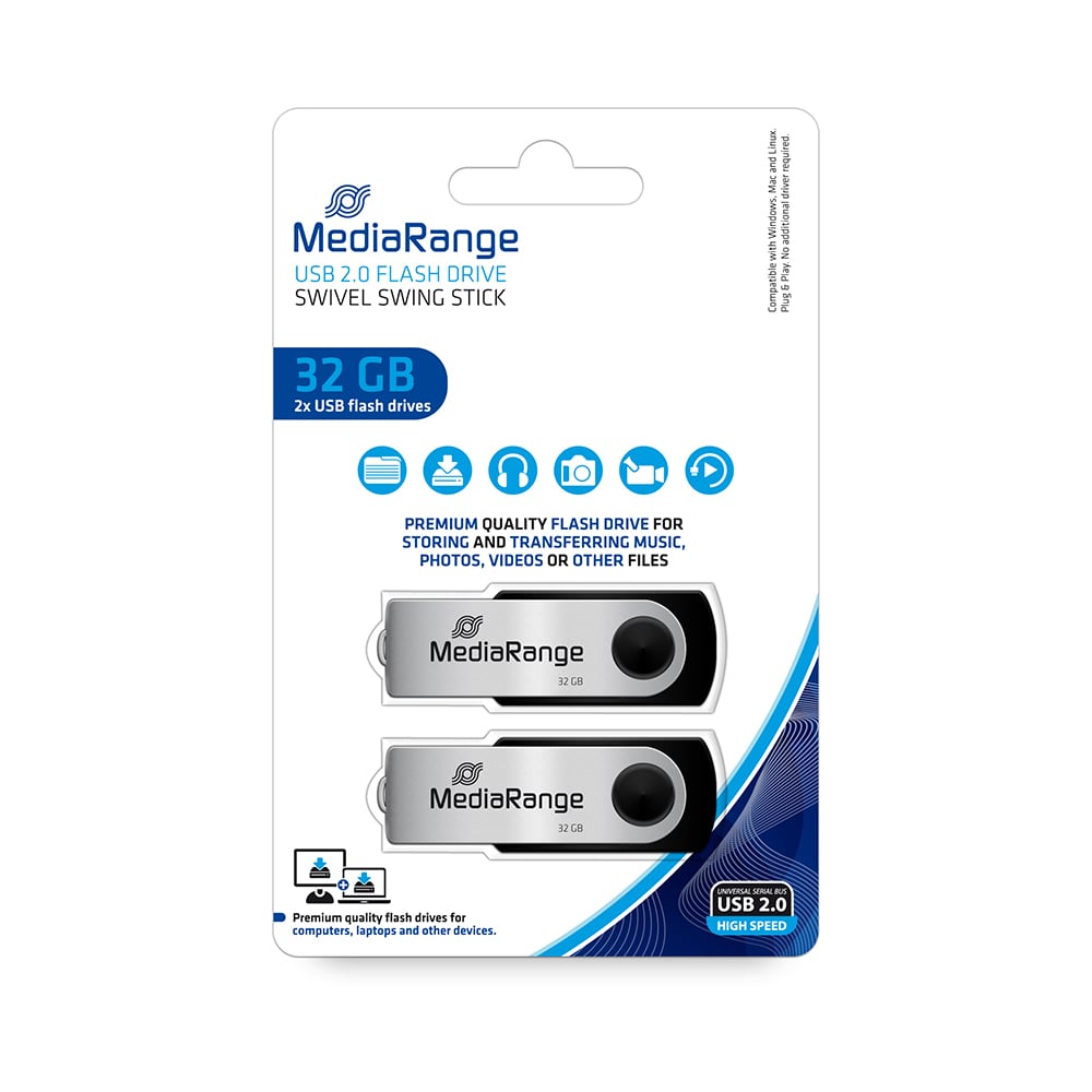 MediaRange USB Flash Drives, 32GB, Pack of 2 (MR911-2)
