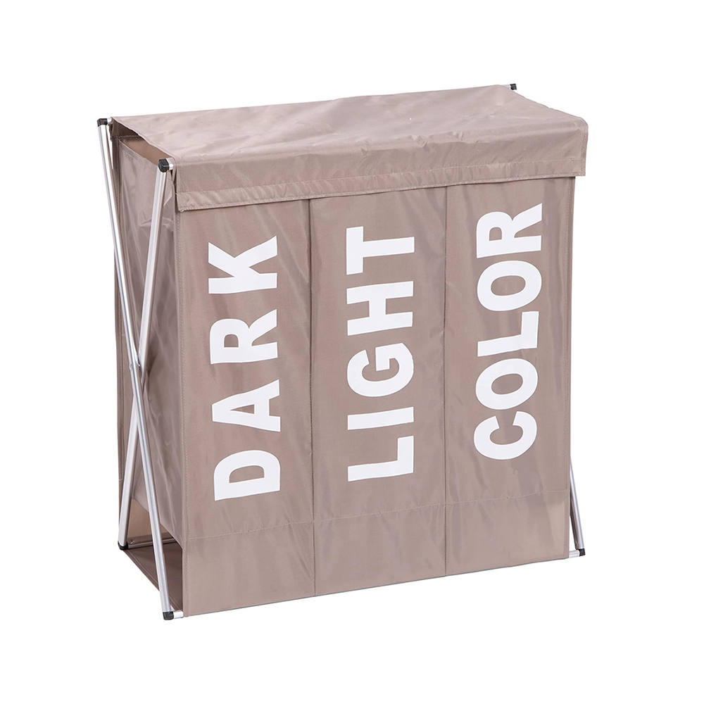 Bakaji Laundry Basket 3 Compartments Foldable Metal and Fabric Taupe 64 x 38 x 62 cm (2838449) (BAK2838449)