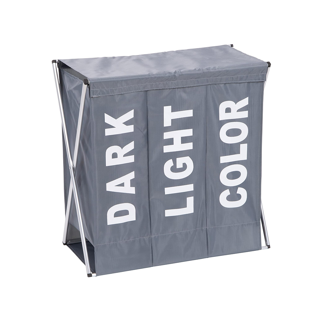 Bakaji Laundry Basket 3 Compartments Foldable Metal and Fabric Grey 64 x 38 x 62 cm (2838450) (BAK2838450)