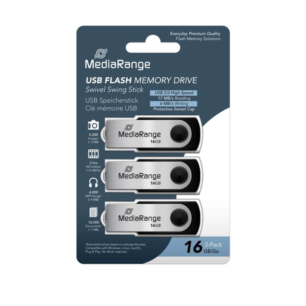 MediaRange USB Flash Drives, 16GB, Pack of 3 (MR910-3)