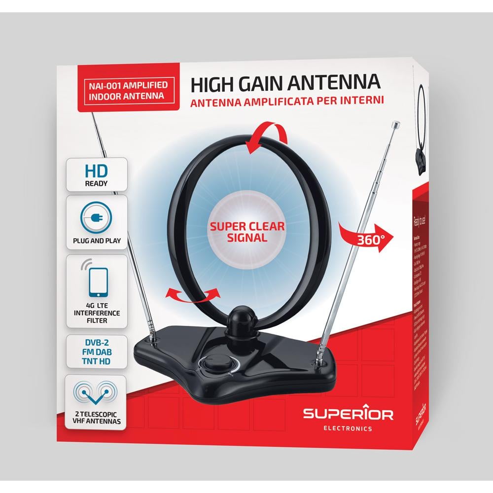 Superior Indoor Amplified TV Antenna VHF/UHF/FM with HD/Full HD/4K Support