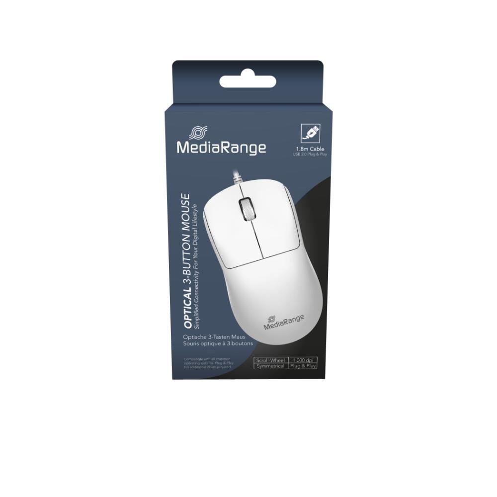 MediaRange Wired Optical 3-Button Mouse with Scroll-Wheel, 1,000 dpi, Symmetrical, 1.5m Cable, White (MROS255)