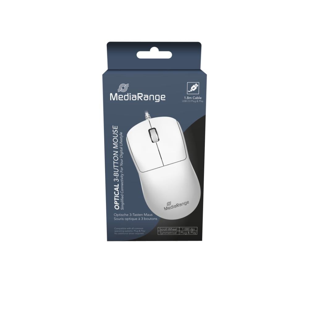 MediaRange Optical 4-Button Wireless Mouse with Scroll-Wheel and DPI-Button, 1,000 - 1,600 dpi, Symmetrical, White (MROS257)