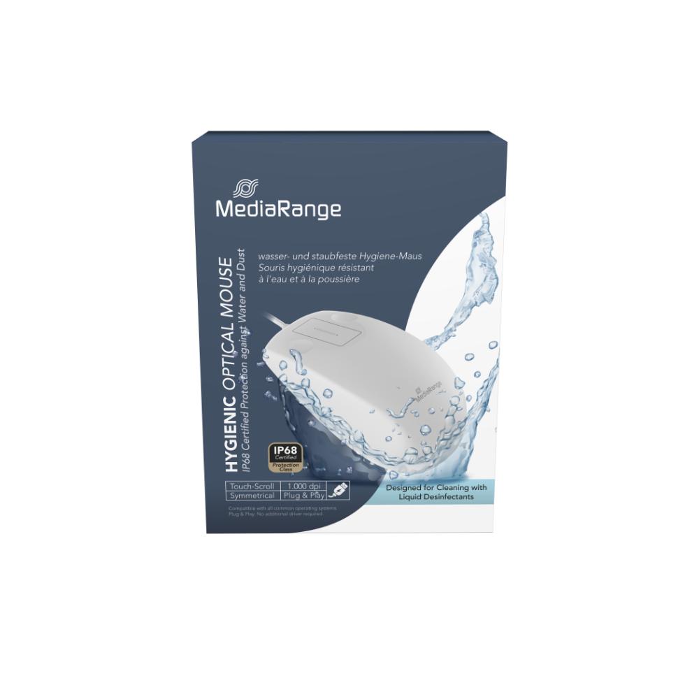 MediaRange Wired Optical 2-Button Hygienic Mouse with Touch-Scroll, 1,000 dpi, IP68, White (MROS265)