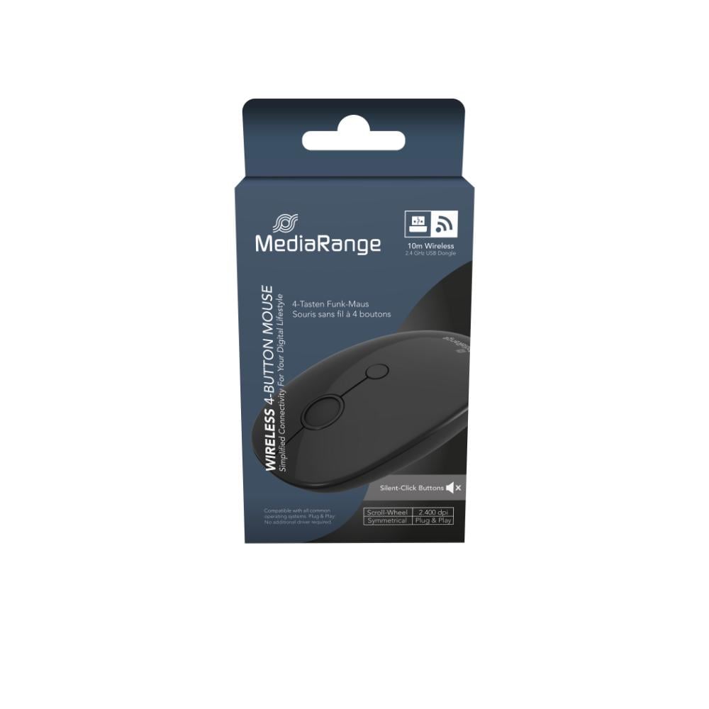 MediaRange Optical 4-Button Wireless Mouse, Scroll-Wheel, 1,000 - 2,400 dpi, Black (MROS268)