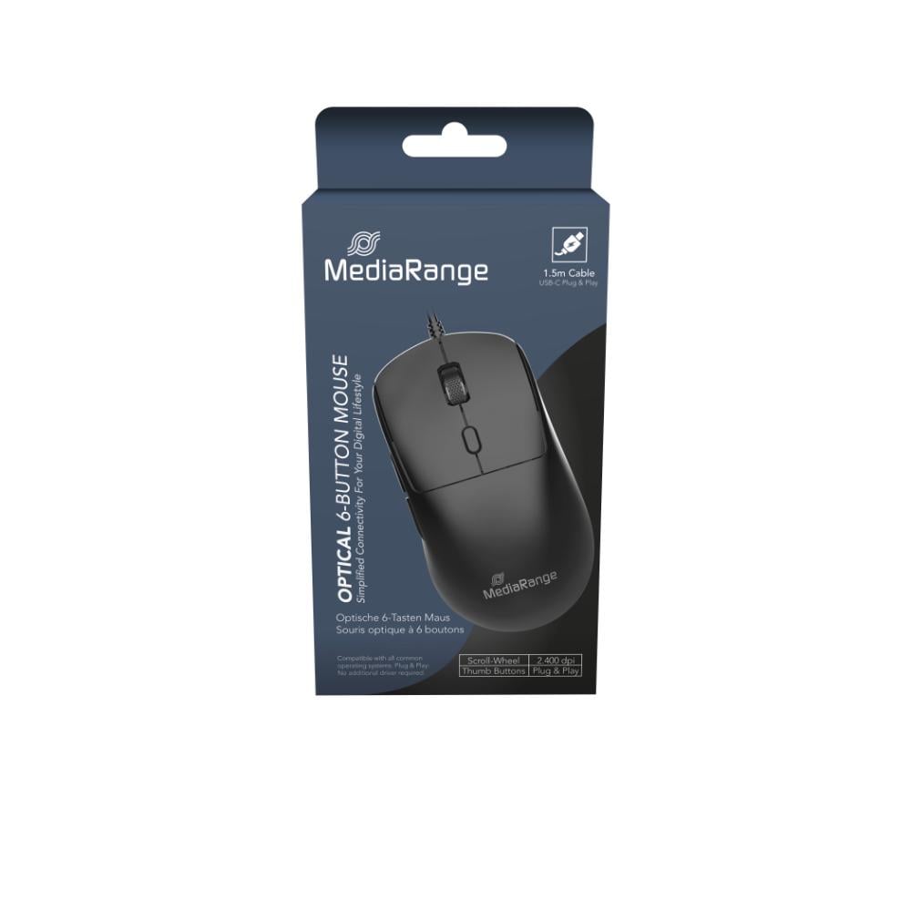 MediaRange Wired Optical 6-Button Mouse, Scroll-Wheel, 800 - 2,400 dpi, 1.5m USB-C Cable, Black (MROS271)