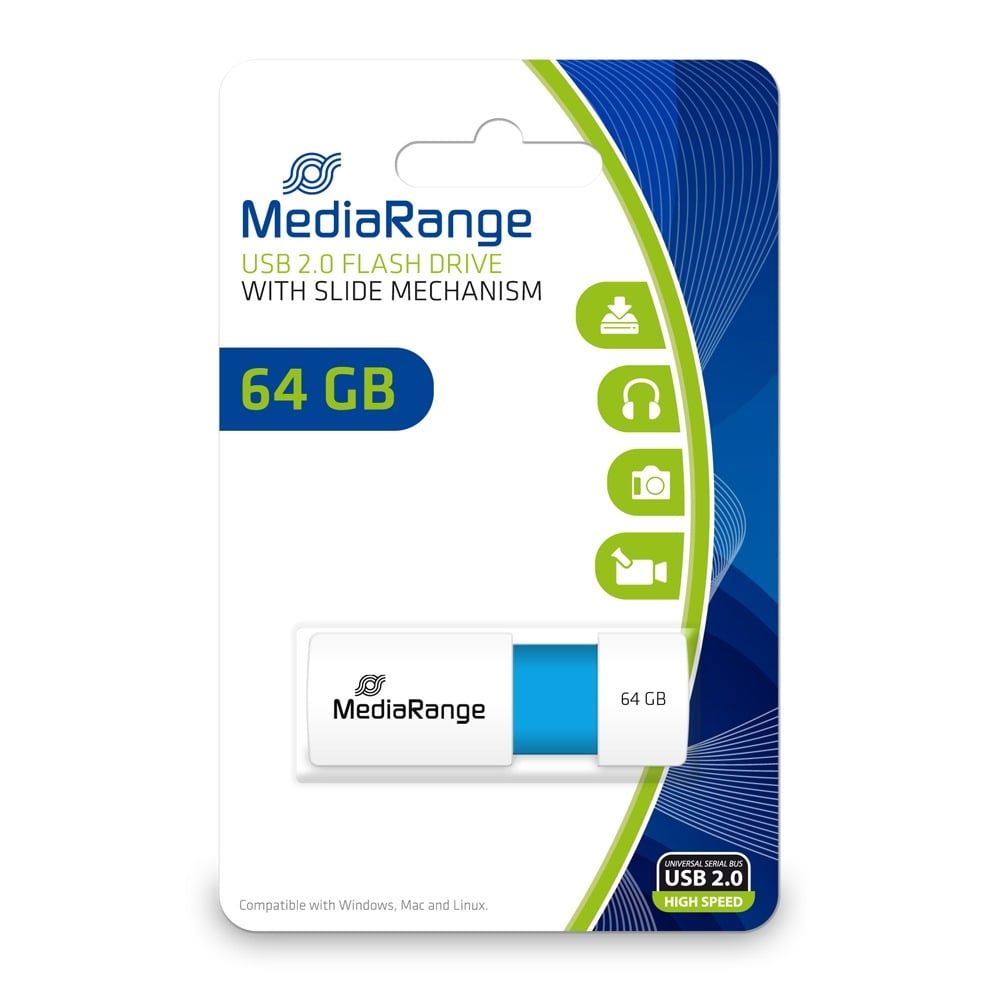 MediaRange USB 2.0 Flash Drive, Color Edition, Light Blue, 64GB (MR974)