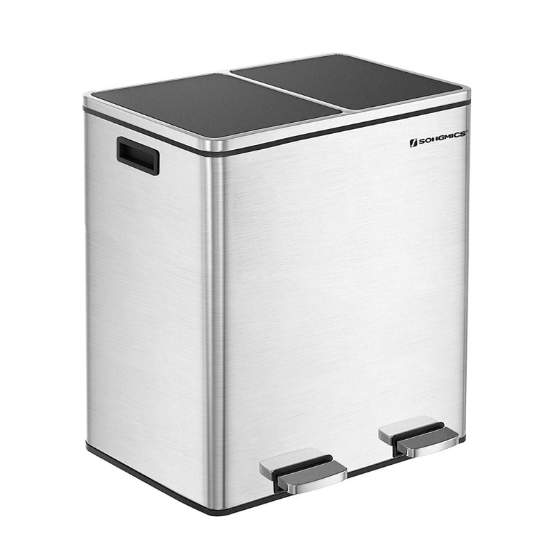 Stainless Steel Double Trash Can with 2 Pedals and Soft-Close System 60L Silver Songmics (LTB60NL) (SNGLTB60NL)