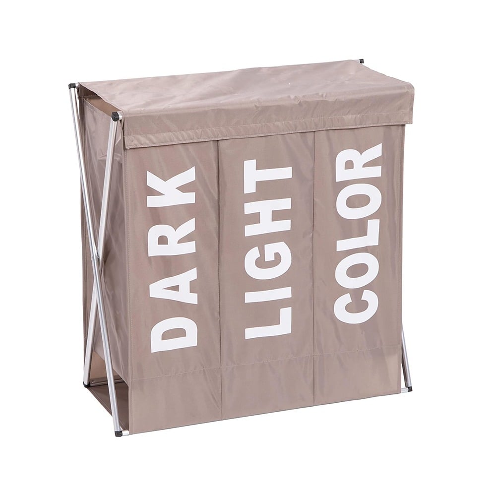 Bakaji Laundry Basket 3 Compartments Collapsible Metal and Fabric Taupe 64 x 38 x 62 cm (2838449) (BAK2838449)