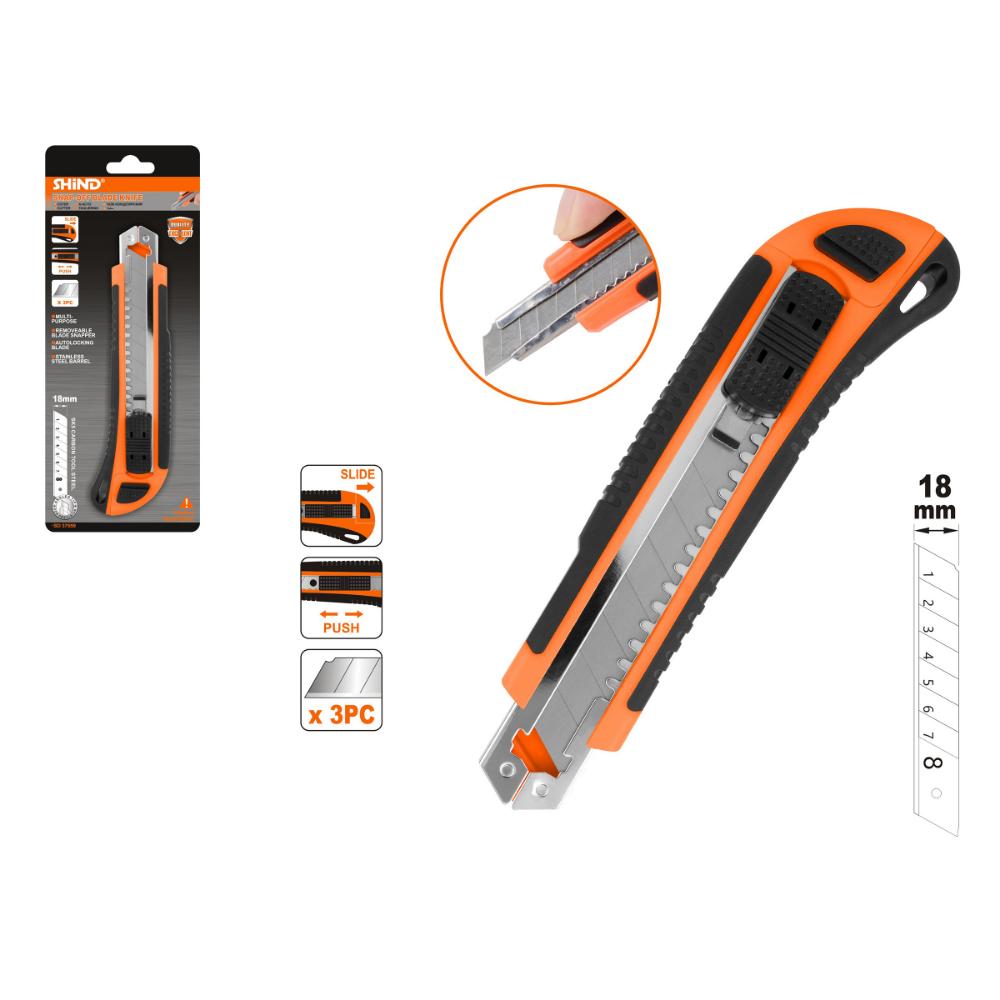 Shind Utility Knife with TPR Plastic Handle and 3 Blades 18mm (SHI-37559) (SHI37559)