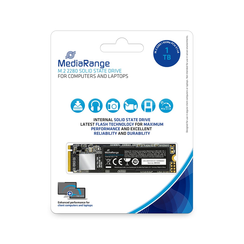 MediaRange Internal M.2 2280 Solid State Drive, NVMe PCIe 3.1 x4 20 Gb/s, 1TB, Black (MR1033)