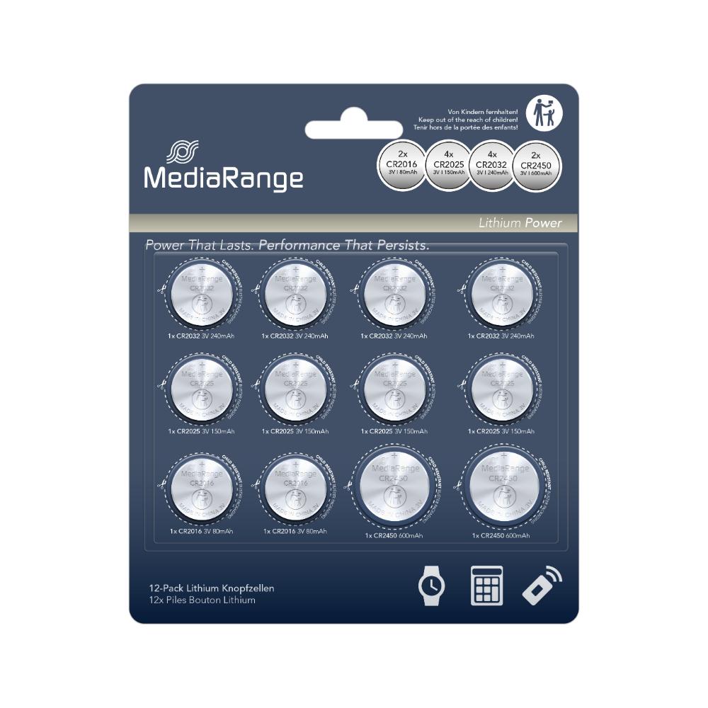 MediaRange Lithium Coin Cells Assorted set CR2016|CR2025|CR2032|CR2450 Pack 12 (MRBAT139)