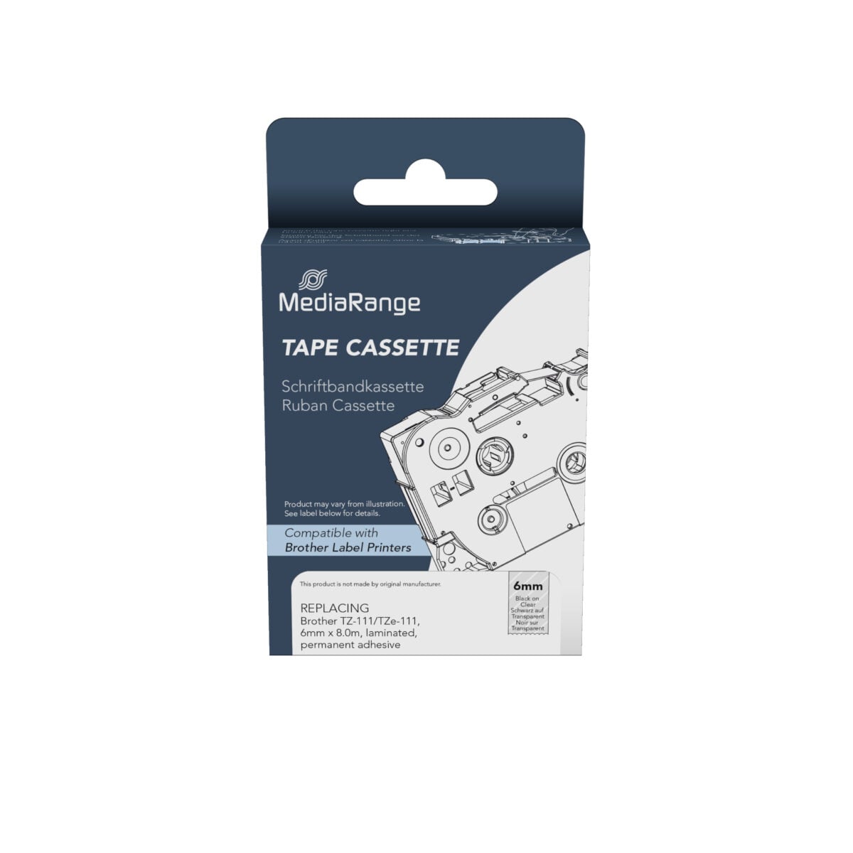 Ετικέτες Γενικής Χρήσης Mediarange (Brother TZ-111/TZe-111) 6mm, 8m, Laminated and Permanent Adhesive, Black on Clear (MRBTZ111)