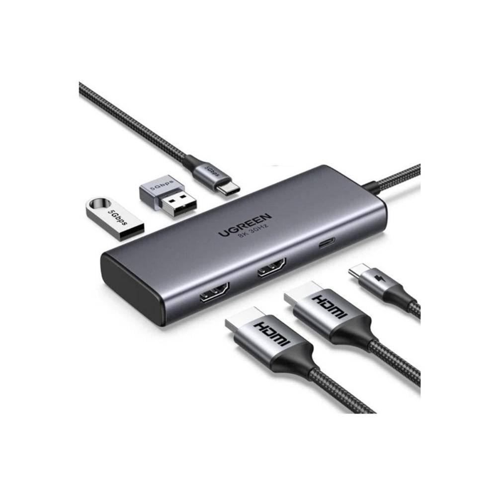Ugreen Adapter 6w1 CM498 Hub USB do 2x USB-A 3.0 USB-C 3.0 2xHDMI PD (15852) (UGR15852)